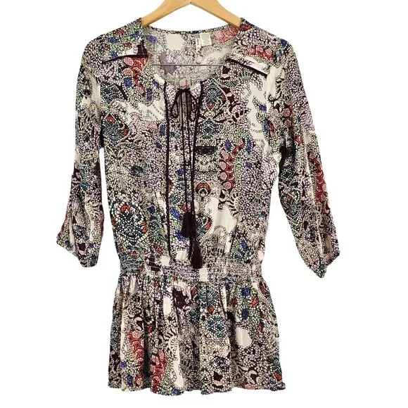 Japna Womens Sz M Vibrant Colorful Print Boho Top Tunic Tassel Hippie Blouse - Picture 1 of 8